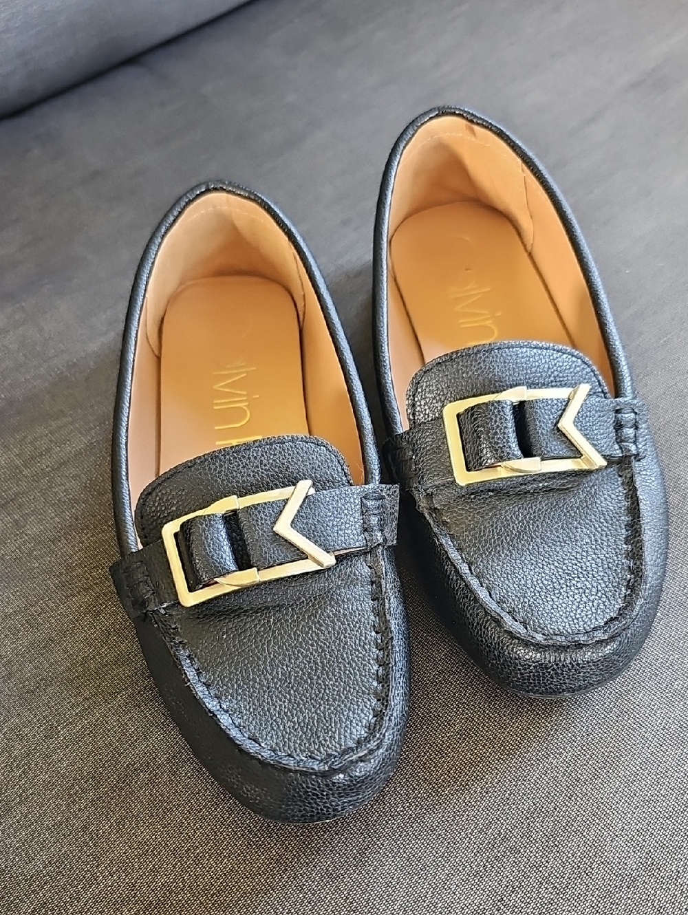 Calvin Klein Black Leather Loafers with Gold Buckle